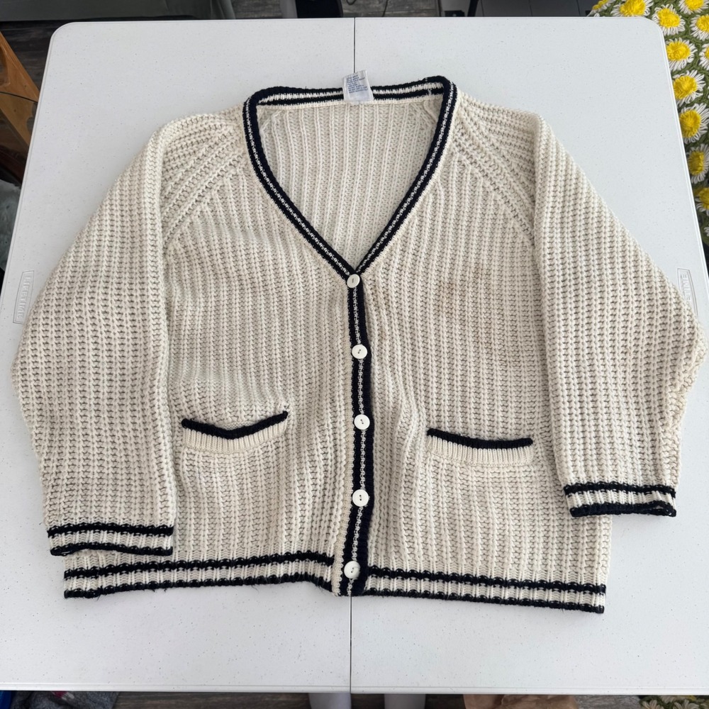 80s Vintage Fisherman Mens Large Cream Ribbed Knit Cardigan Sweater Extra Touch